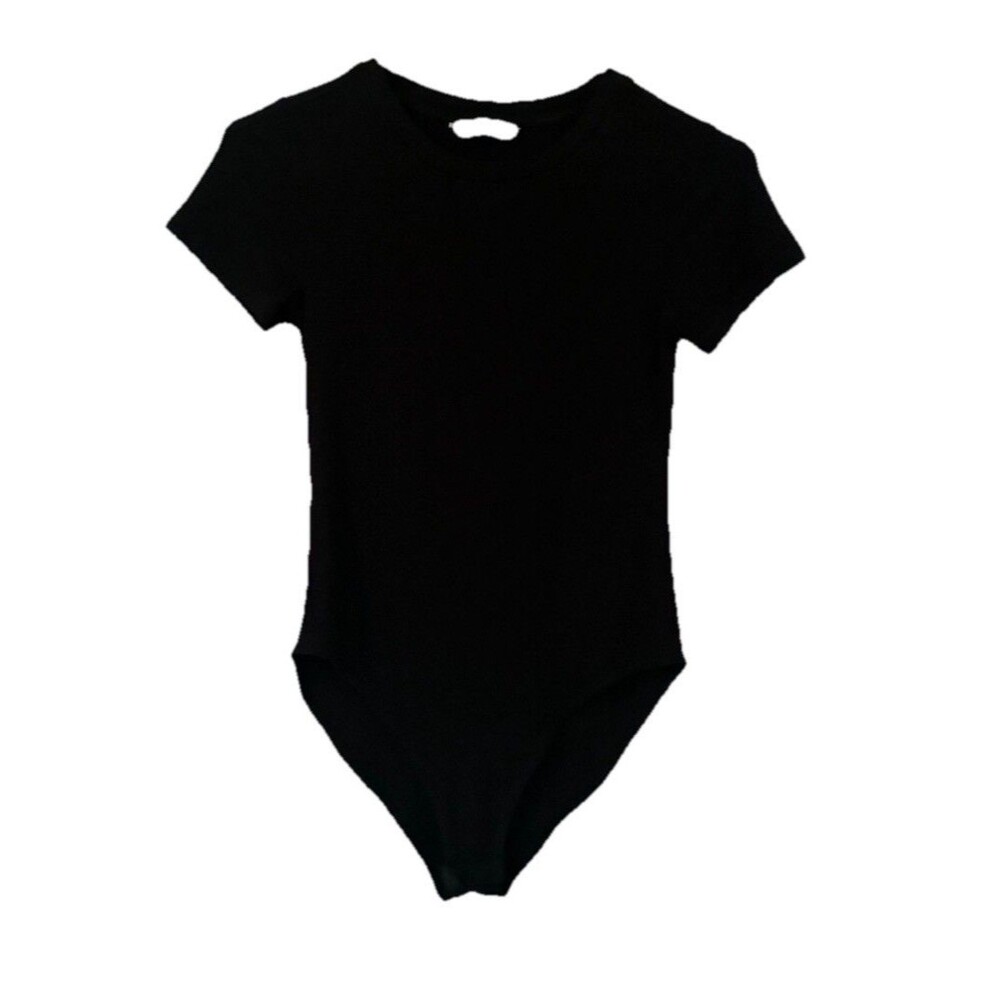 MANGOPOP Women's XS Short Sleeve Black Bodysuit Snap Crotch Goth Body Con Witchy